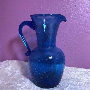 Vintage Blue Crackle Glass Pitcher * GUC Retro Collectible Home Display Kitchen